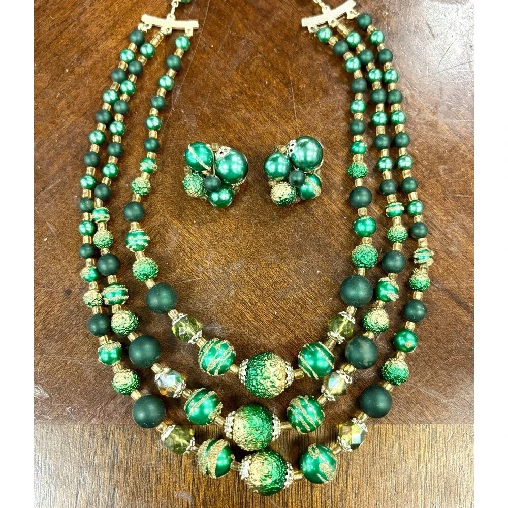 Vintage 1950s Japan Green Sugar Bead Triple Strand Necklace Clip Earrings Set